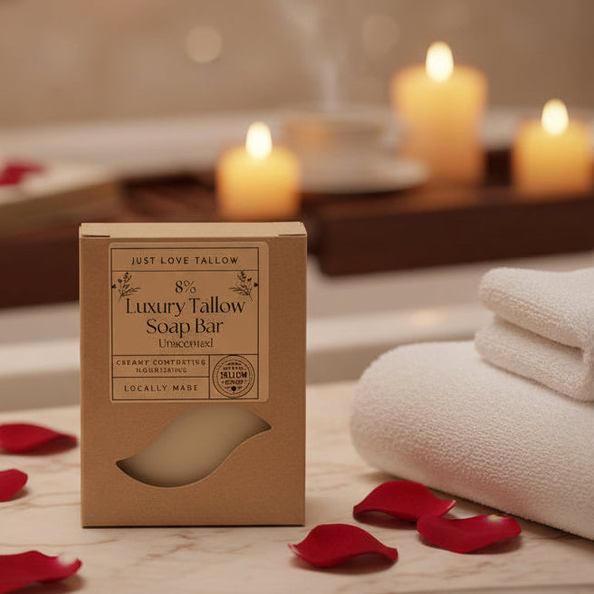 Box of Just Love Tallow 8% Luxury Tallow Soap Bar on a white background