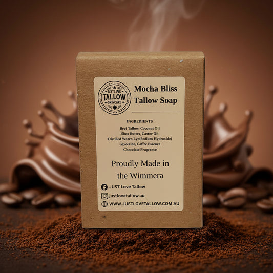Mocha Bliss Tallow Soap packaging with branding and product details on a gray background