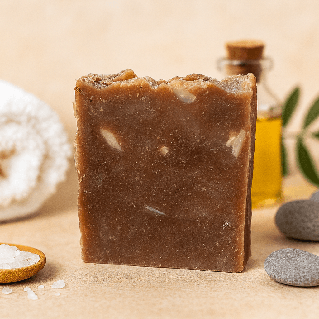 Bar of brown soap with a wooden spoon of salt, towel, and stones on a beige background