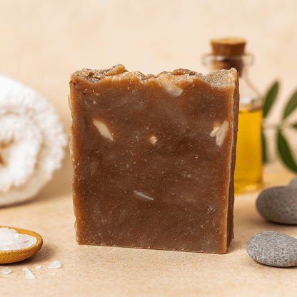 Bar of brown soap with a wooden spoon of salt, towel, and stones on a beige background