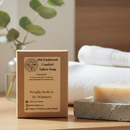 Box of Old-Fashioned Comfort Tallow Soap with branding and product details on a gray background