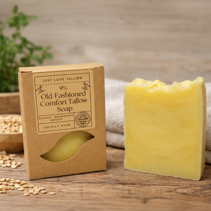 Bar of soap next to its packaging on a wooden surface with a neutral background