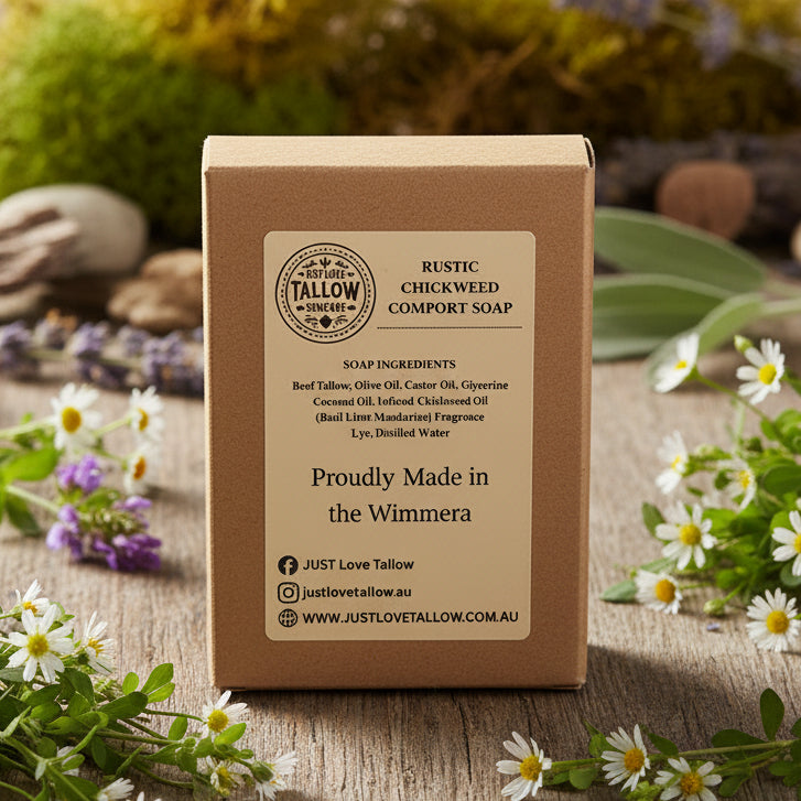 Box of Rustic Chickweed Comfort Soap from Just Love Tallow on a gray background