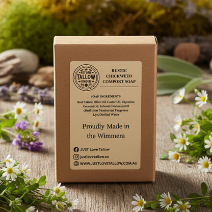 Box of Rustic Chickweed Comfort Soap from Just Love Tallow on a gray background