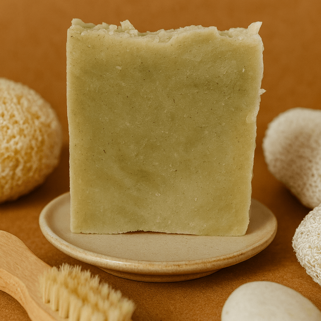 Bar of soap on a wooden plate with natural sponges and a brush on a brown background