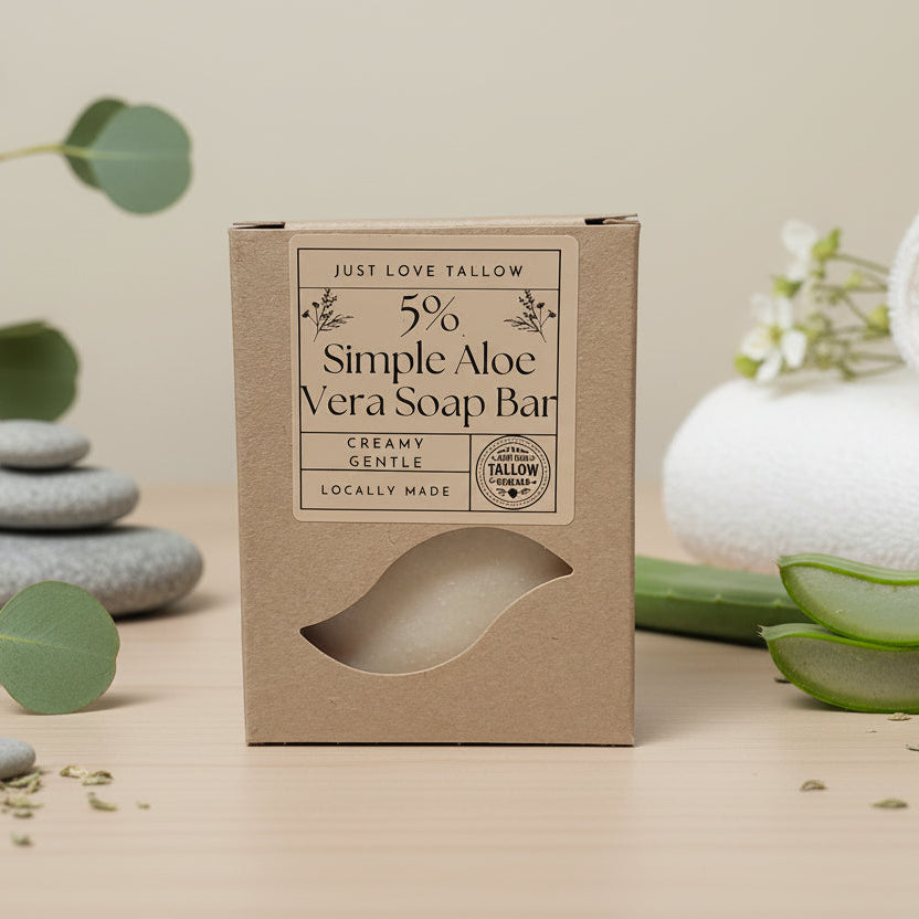 Box of 5% Simple Aloe Vera Soap Bar with 'Just Love Tallow' branding on a gray background