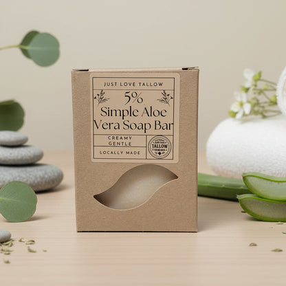 Box of 5% Simple Aloe Vera Soap Bar with 'Just Love Tallow' branding on a gray background
