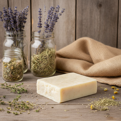 Soothing Soap 7% on Rustic Homestead Background - Handcrafted Skincare