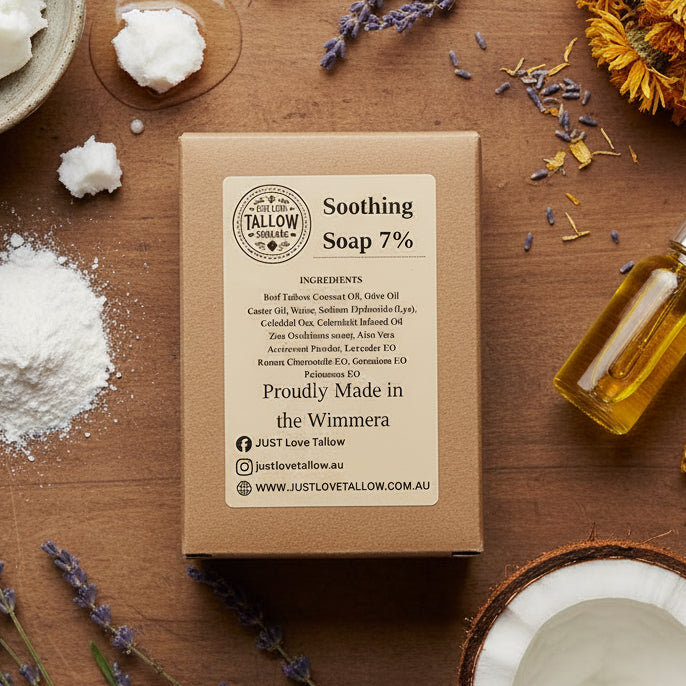 Brown cardboard box with 'Just Love Tallow' skincare product label on a light gray background