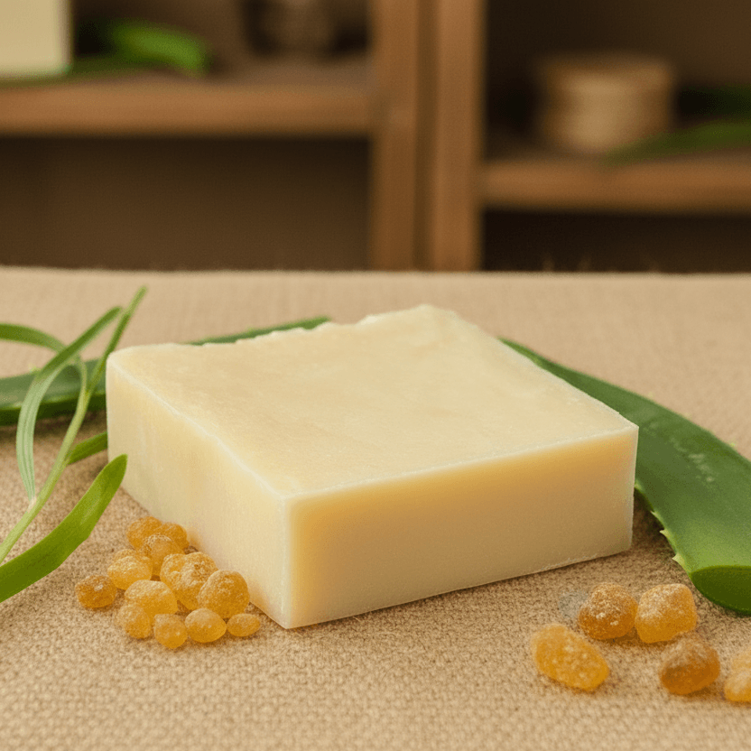 Bar of soap with aloe vera leaves and gel on a textured background