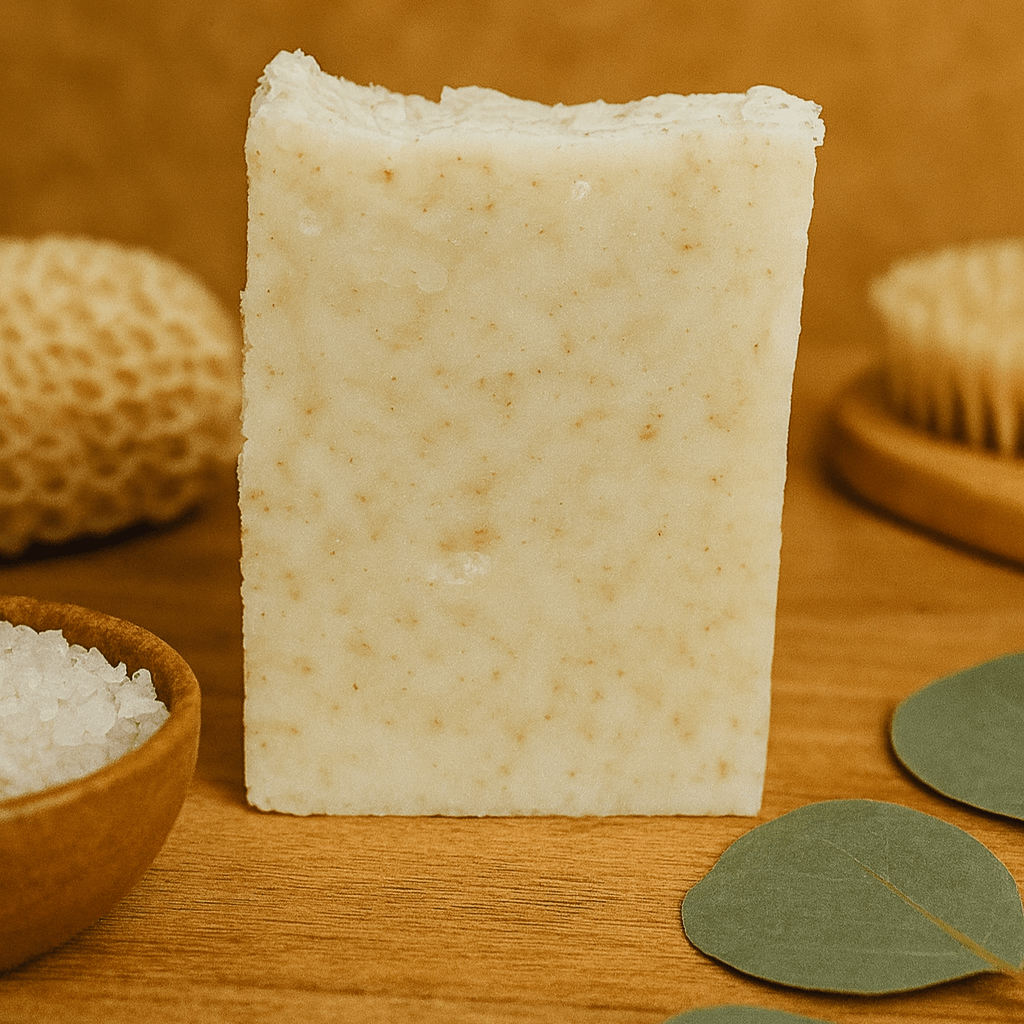 Bar of soap on a wooden surface with natural elements like leaves and a bowl of salt.