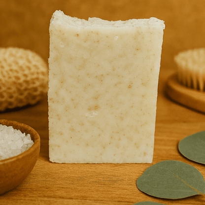 Bar of soap on a wooden surface with natural elements like leaves and a bowl of salt.