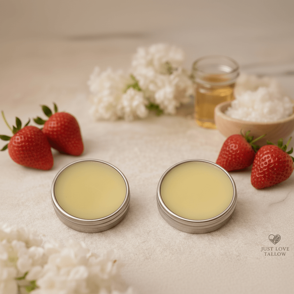Tallow lip balm in metal tins with strawberries and flowers on a light background.