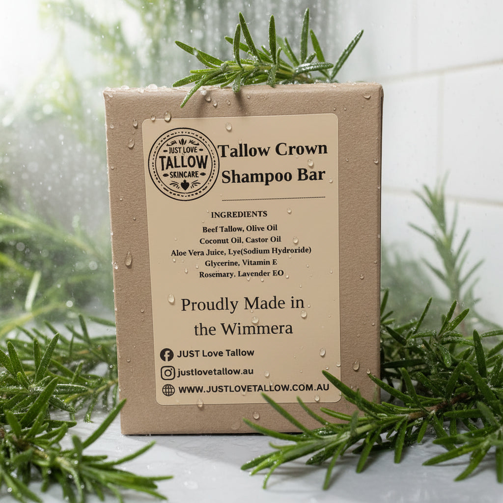 Tallow Crown Shampoo Bar packaging with ingredients list on a gray background