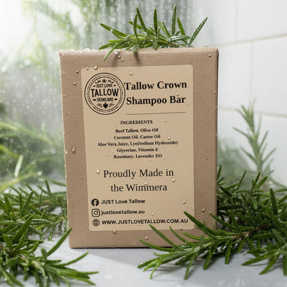 Tallow Crown Shampoo Bar packaging with ingredients list on a gray background