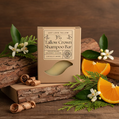 A boxed shampoo bar on a light blue fabric background. The package is a plain brown kraft box with a white label reading 'Just Love Tallow 3% Tallow Crown Shampoo Bar' and a die-cut window showing a pale green soap bar inside.