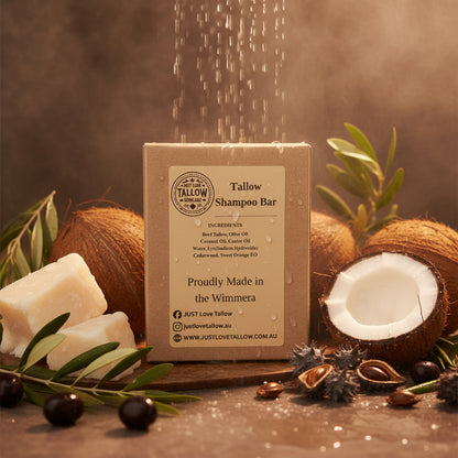 Tallow shampoo bar packaging with branding and product details on a gray background