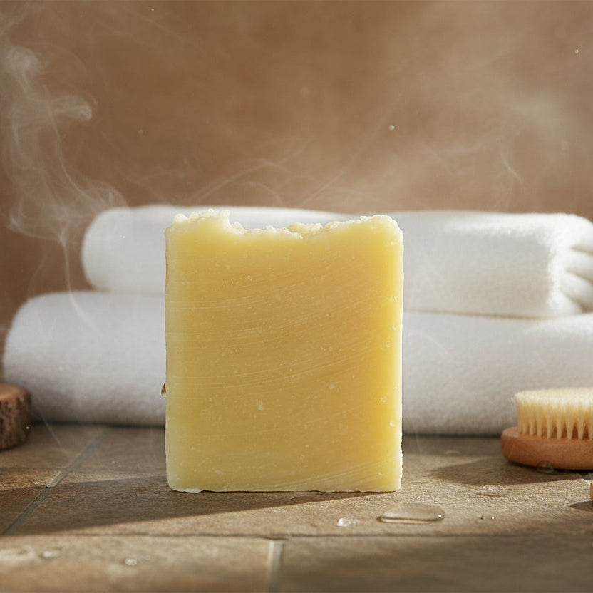 Bar of yellow soap on a white background