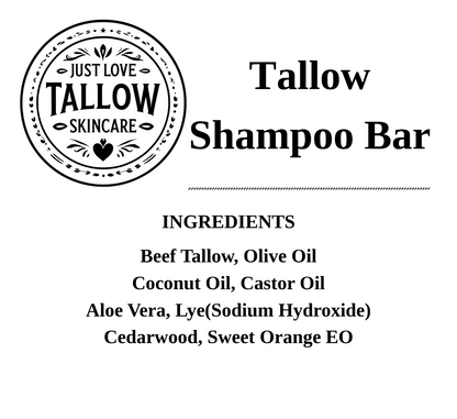 A black text and logo graphic on a white background for Just Love Tallow Skincare, featuring the product name 'Tallow Shampoo Bar,' a list of ingredients, and social media and website contact details.