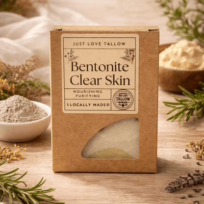 Bentonite Clear Skin packaging with natural ingredients on a wooden surface