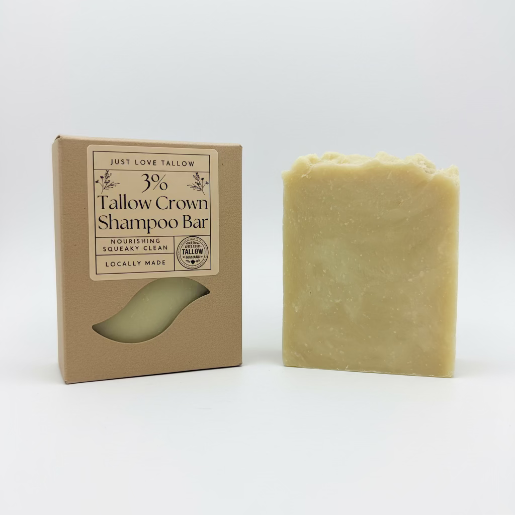 A bar of Tallow Crown Shampoo Bar next to its brown cardboard packaging box, set against a white fabric backdrop.