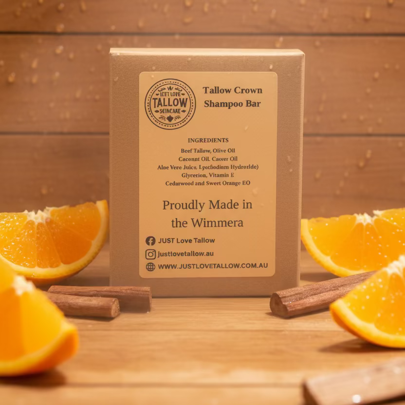 A single Tallow Crown Shampoo Bar in its original brown kraft paper packaging, placed on a light blue-gray textured fabric background.