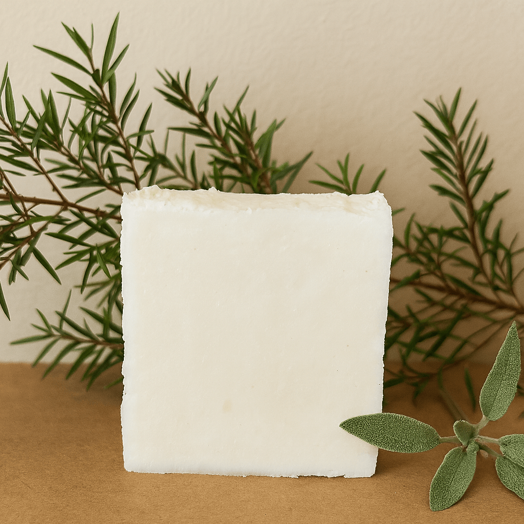 White bar of soap on a beige surface with green leaves in the background