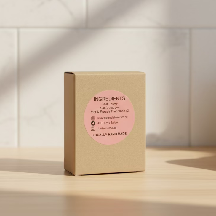 A small brown kraft paper box standing upright against a light gray fabric backdrop, with a pink circular label on the front reading 'INGREDIENTS' and 'LOCALLY HAND MADE'.